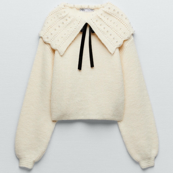 Zara Sweaters - Zara Faux Pearl Sweater Big Collar Velvet Bow Top Cream Small